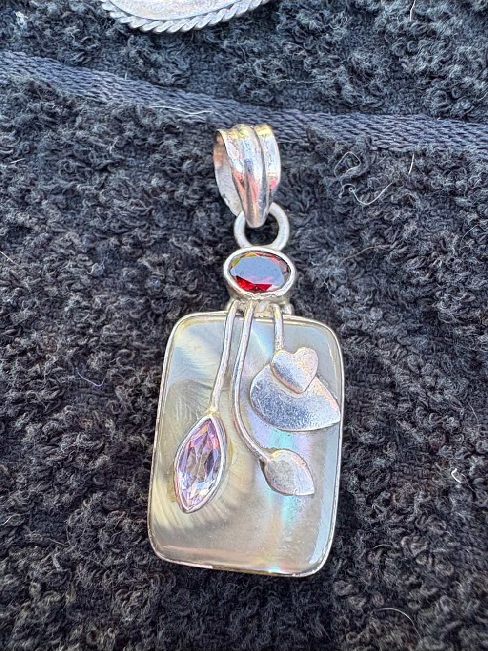 Sterling Silver Leaf Pendant with Red and Purple Gemstones